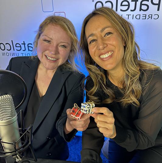 Patelco Employees Michele Enriquez and Tiffany Kiefer at the podcast desk.